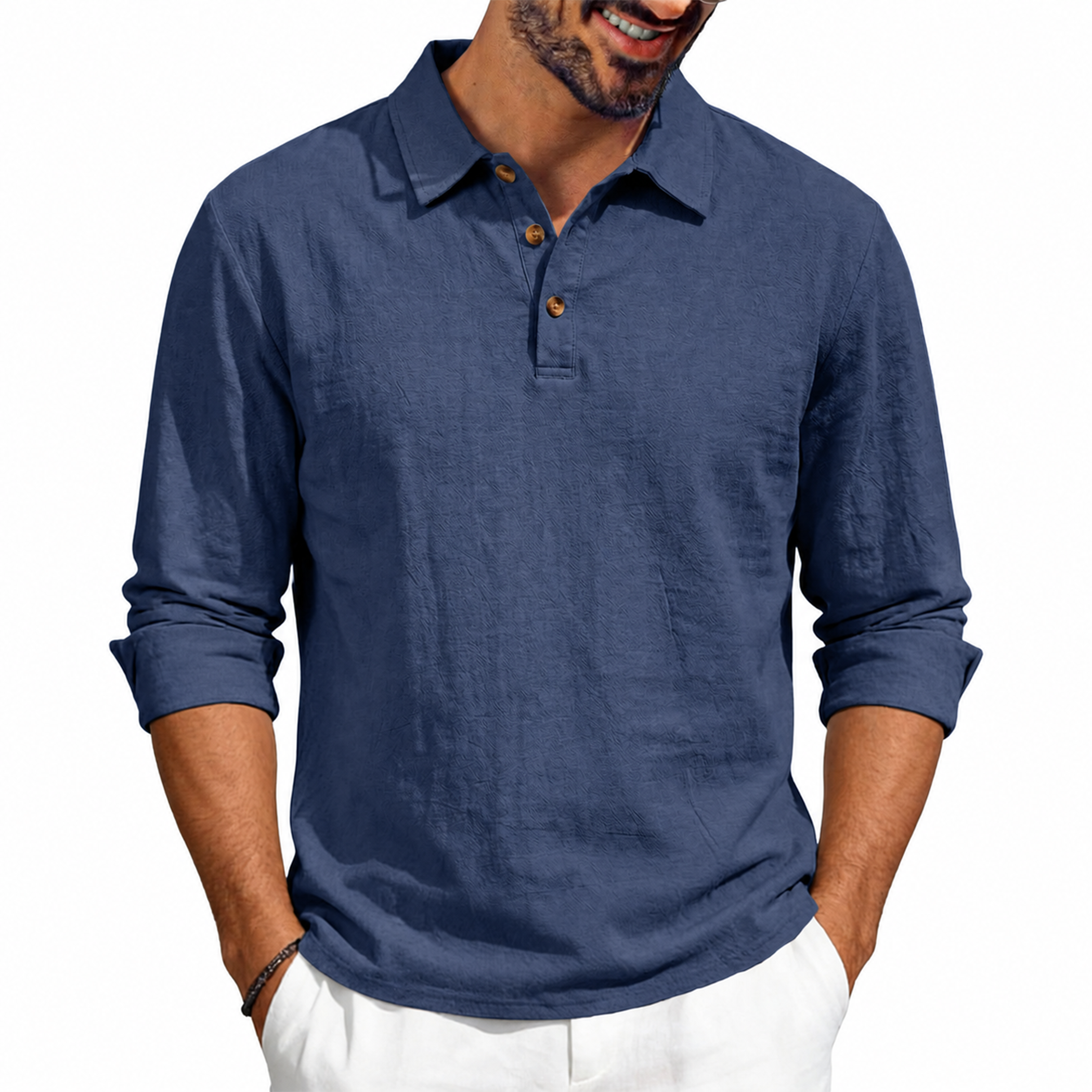 Men's Casual Linen Long Sleeve Polo Shirt