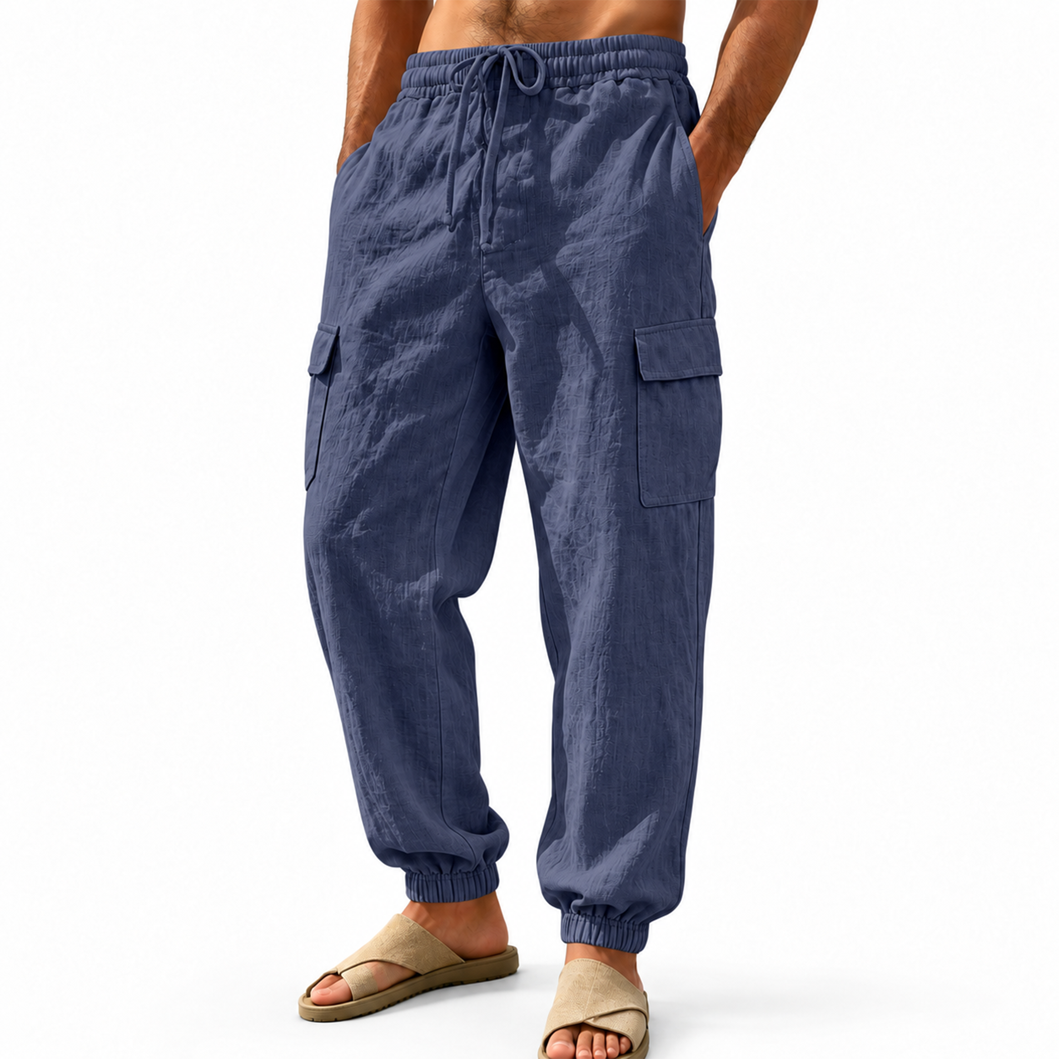 Men Linen Drawstring Wide Leg Cargo Pants