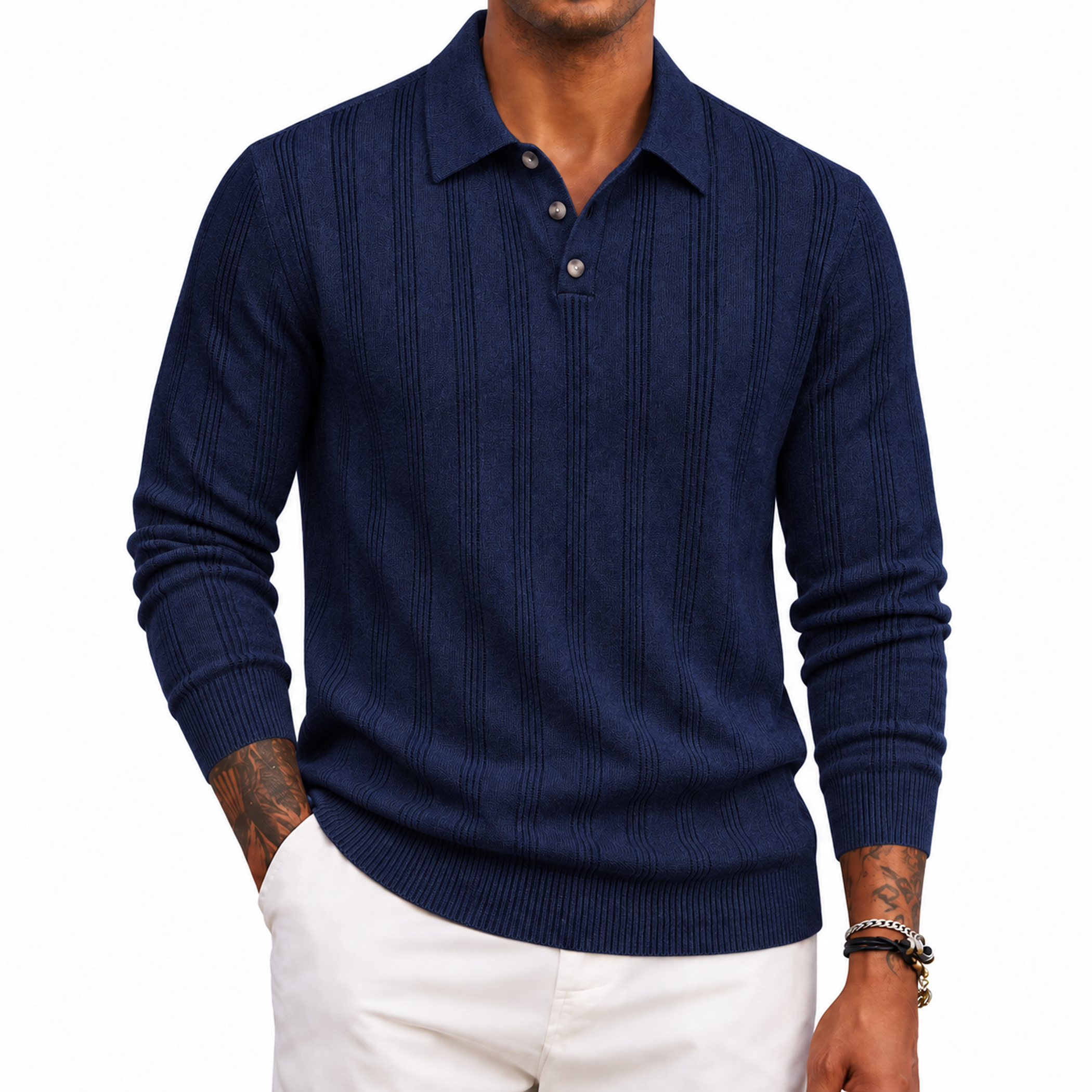 Men's Textured Knit Long Sleeve Polo