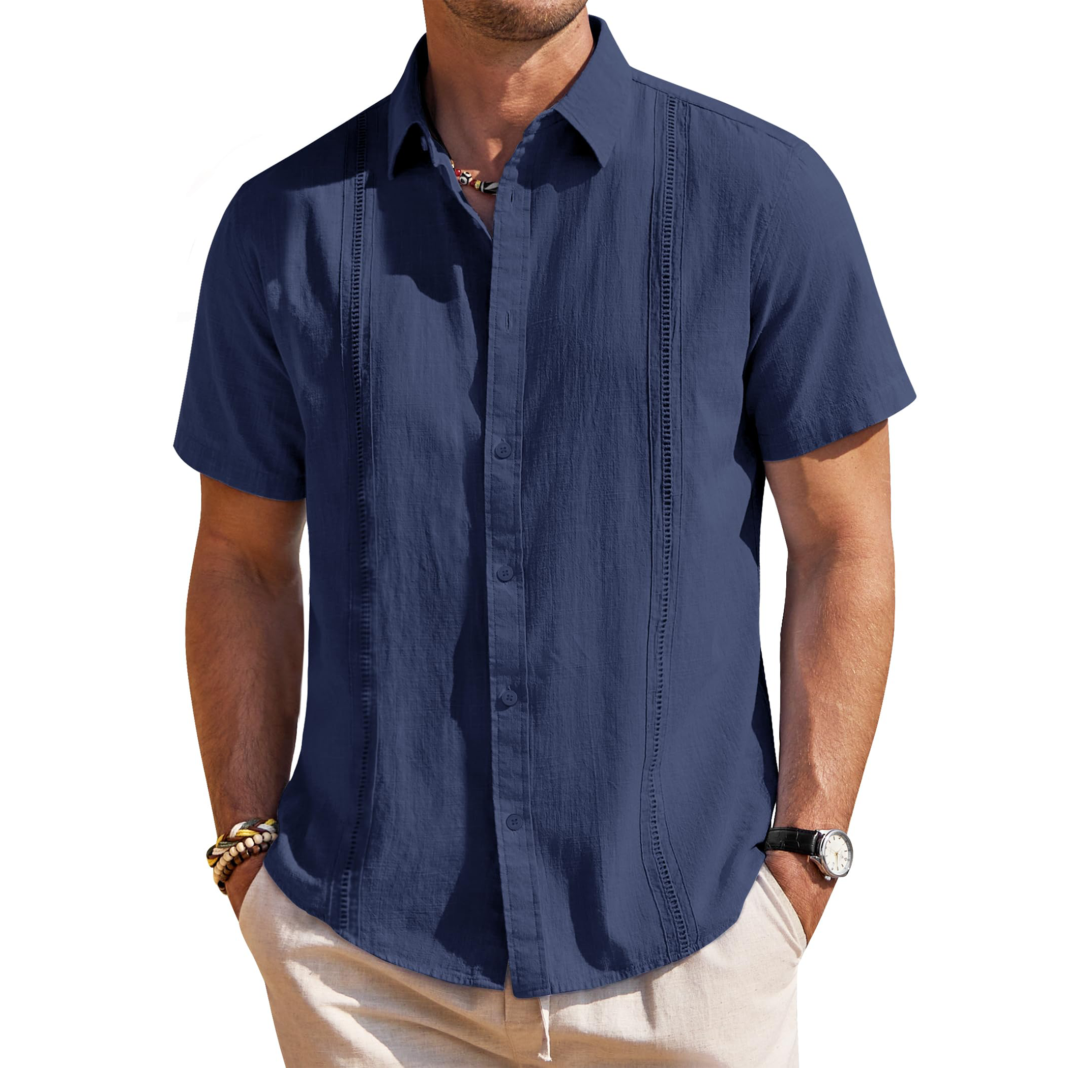 Men's Textured Jacquard Short Sleeve Button Down Shirt