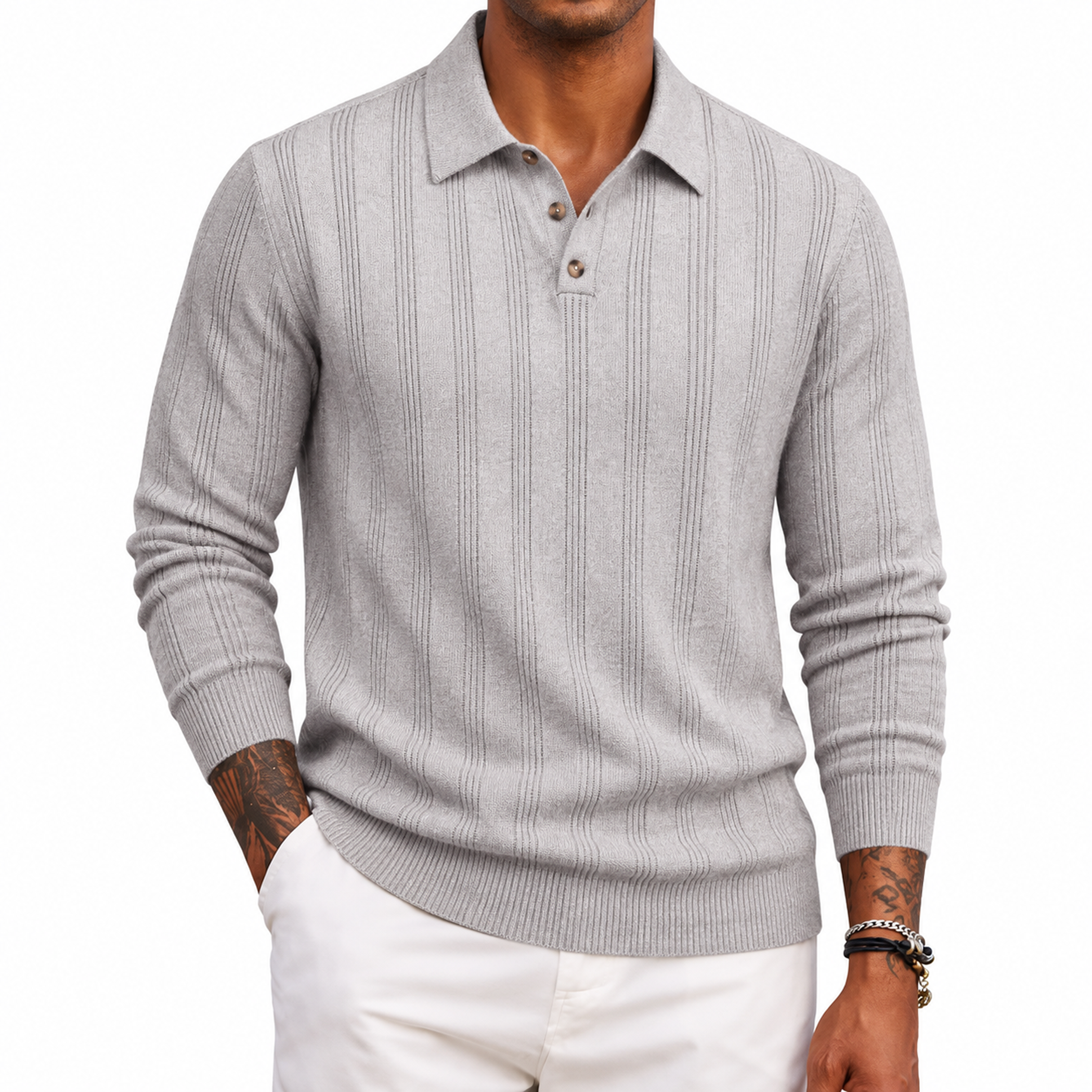 Men's Textured Knit Long Sleeve Polo