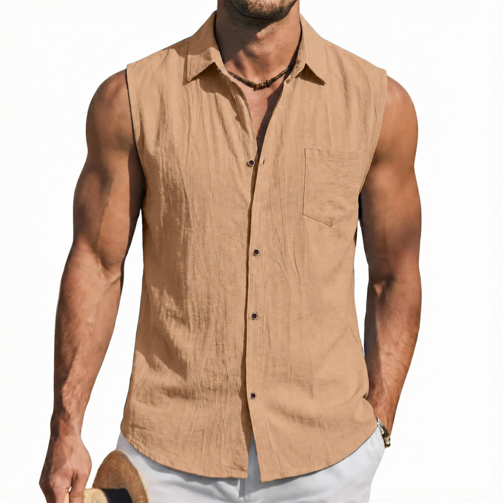 Mens Linen Sleeveless Button Down Tank Shirt
