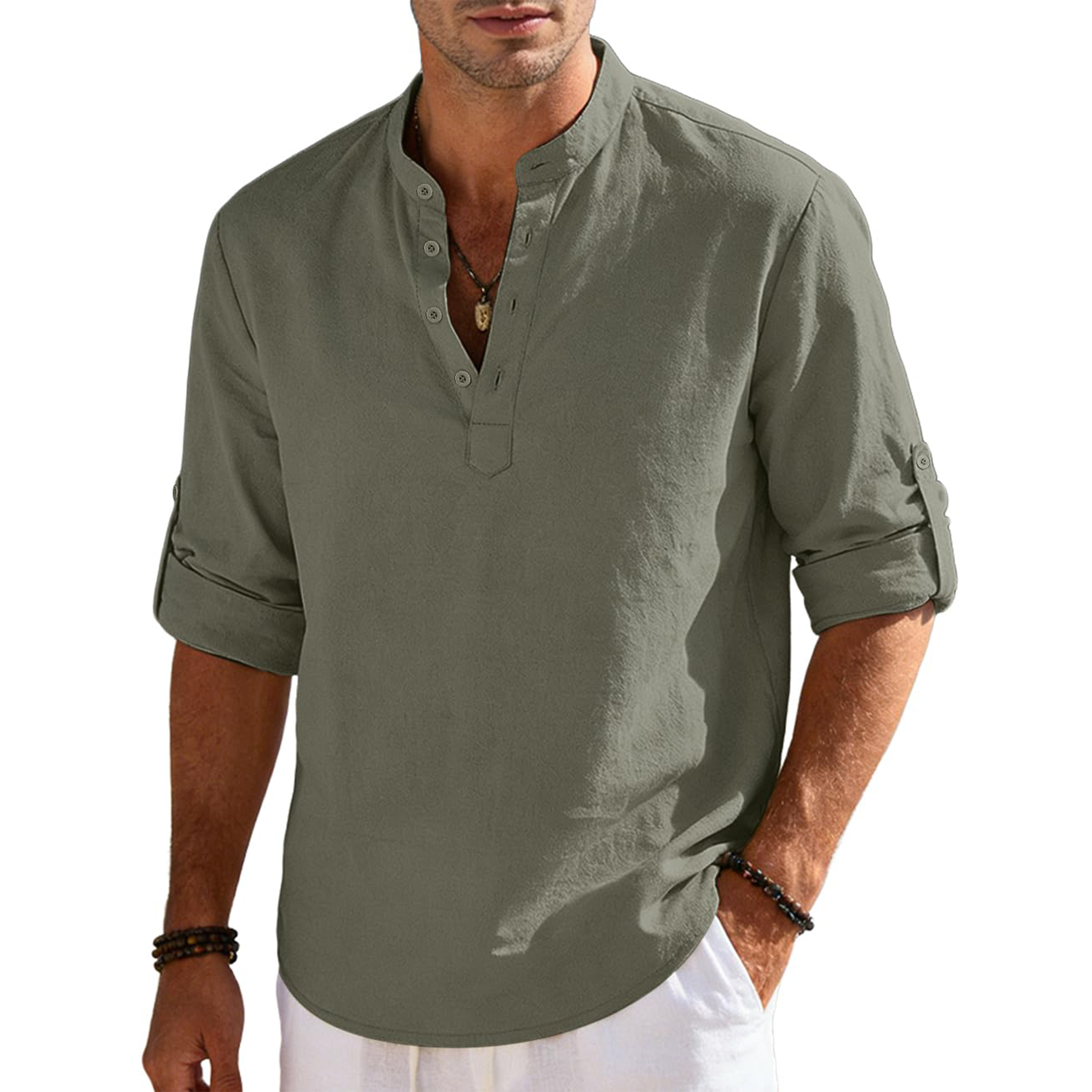 Men's Cotton Linen Long Sleeve Henley Shirts