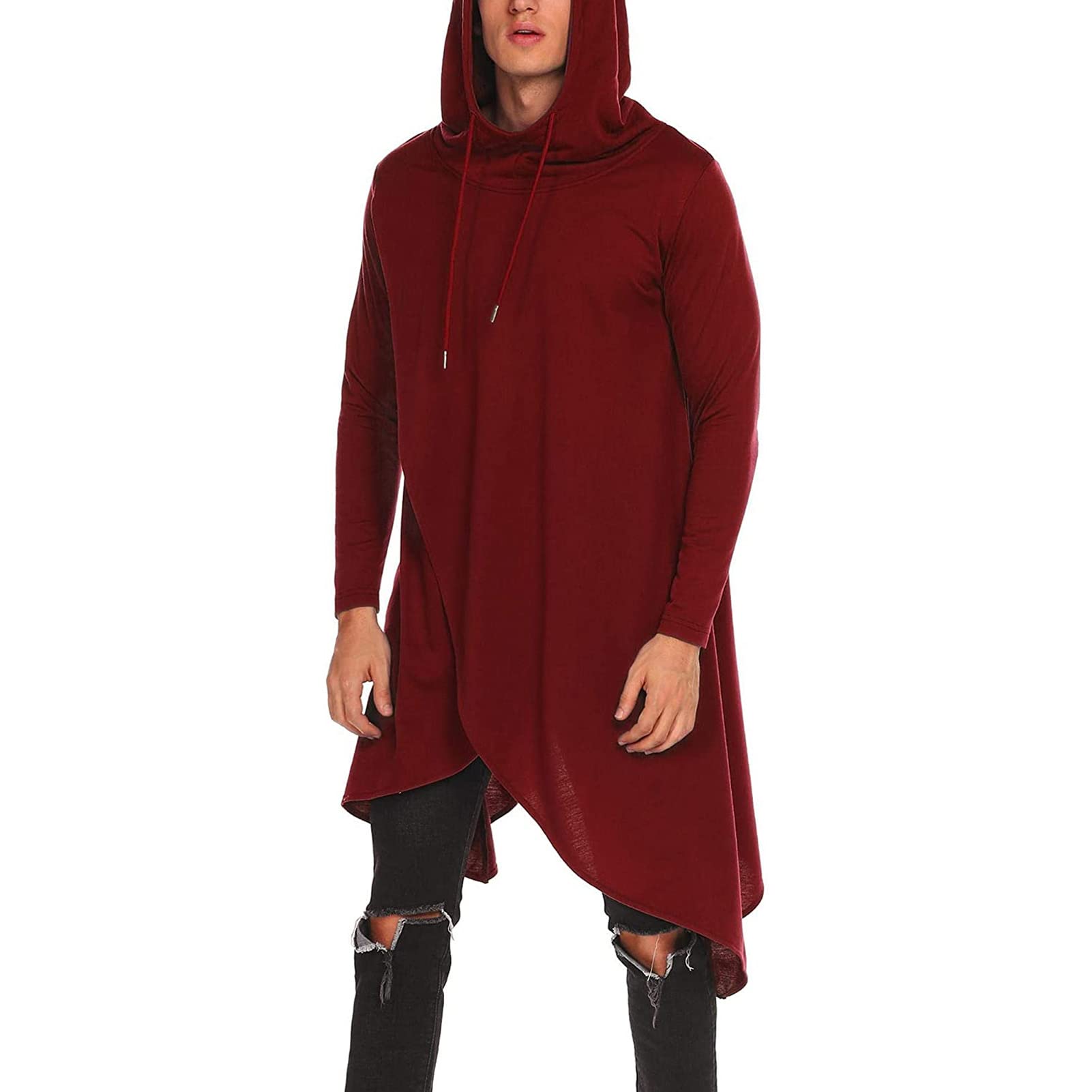 Men Plus Solid Drawstring Hooded Asymmetrical Hem Longline Sweatshirt