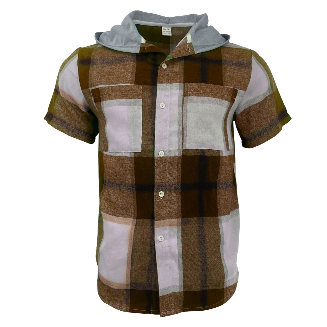Men's Plaid Short Sleeve Hooded Shirt
