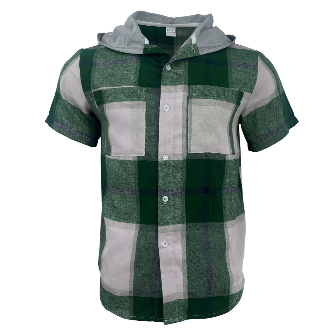 Men's Plaid Short Sleeve Hooded Shirt