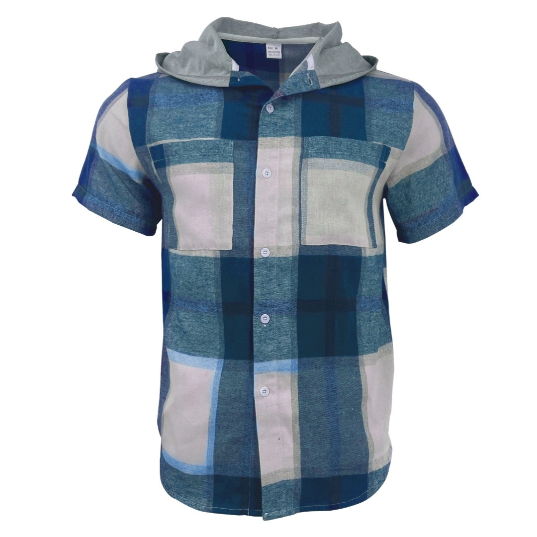 Men's Plaid Short Sleeve Hooded Shirt