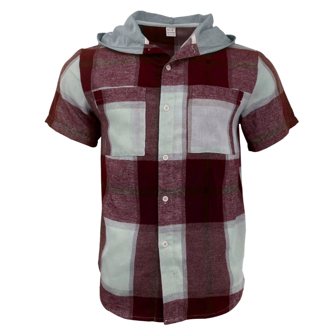 Men's Plaid Short Sleeve Hooded Shirt