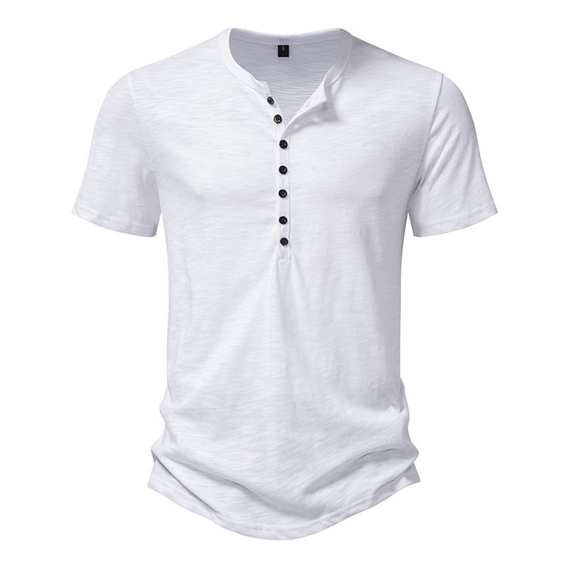 Men's Henley Neck Casual Fashion Solid Color Slub Cotton Short Sleeve T-Shirt