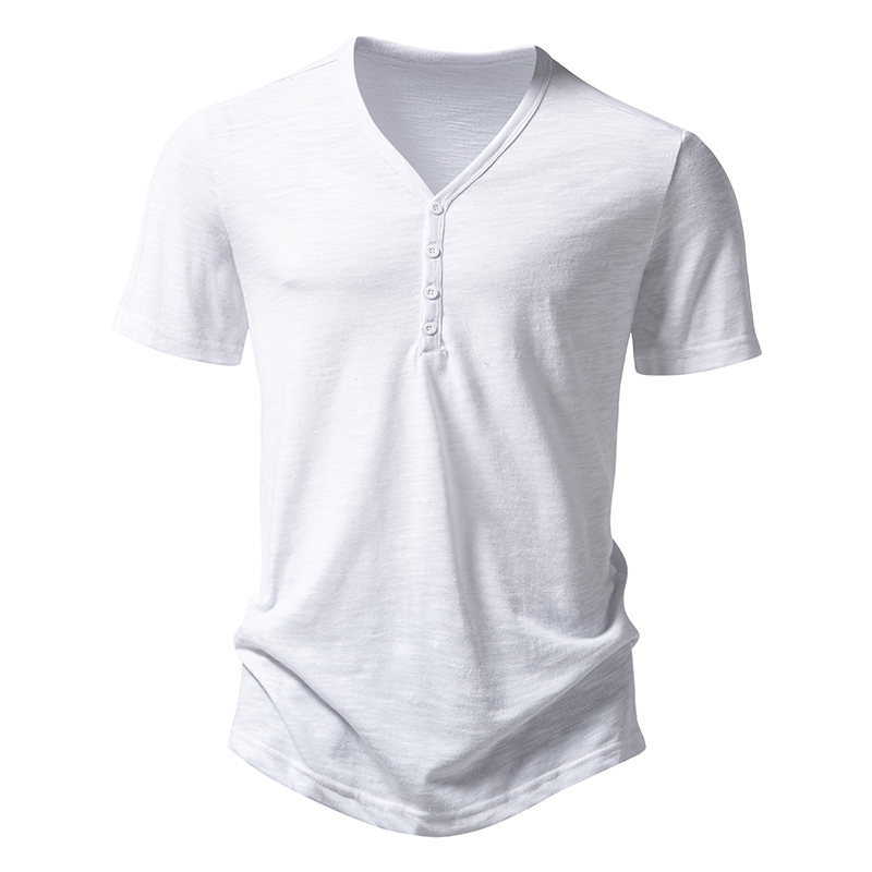 Men's V-Neck Button-Up- Classic Cotton Blend Short Sleeve Tee T-Shirt