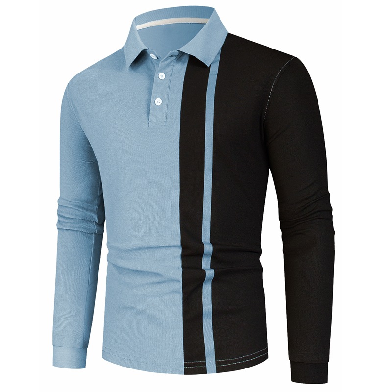 Men's Long Sleeve Polo Shirt - Spring/Summer New European Size Loose Fit Color Block Collared Shirt
