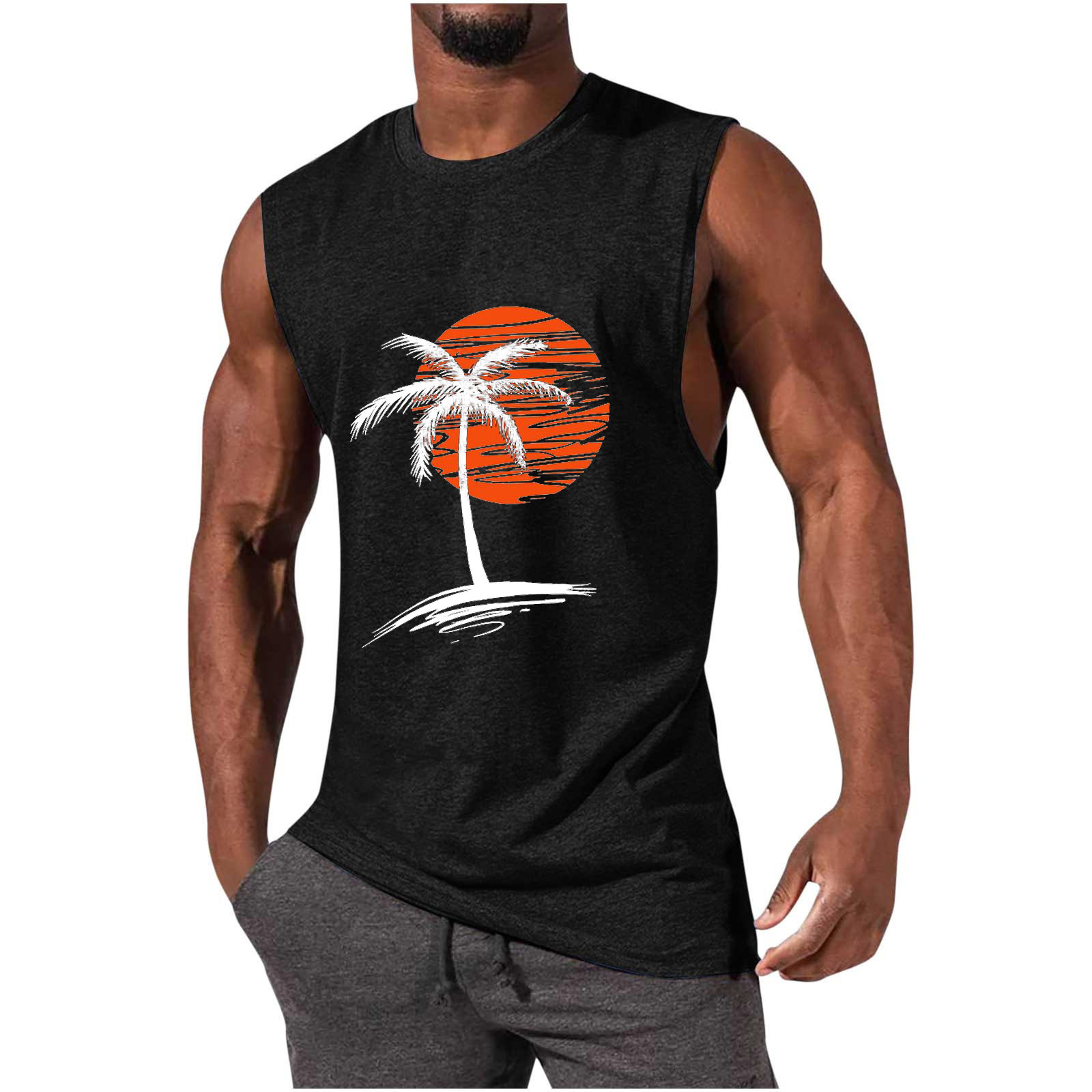 Men's Sleeveless Muscle Tank Top with Coconut Tree Print - Athletic and Casual Style