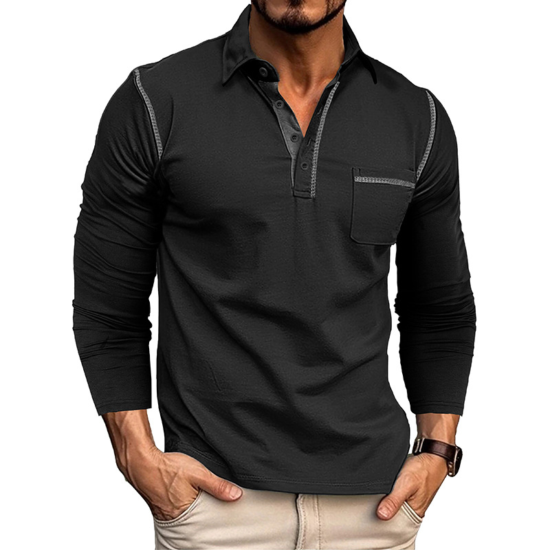 Men's Casual Long Sleeve Polo – American Style Color Block T-Shirt