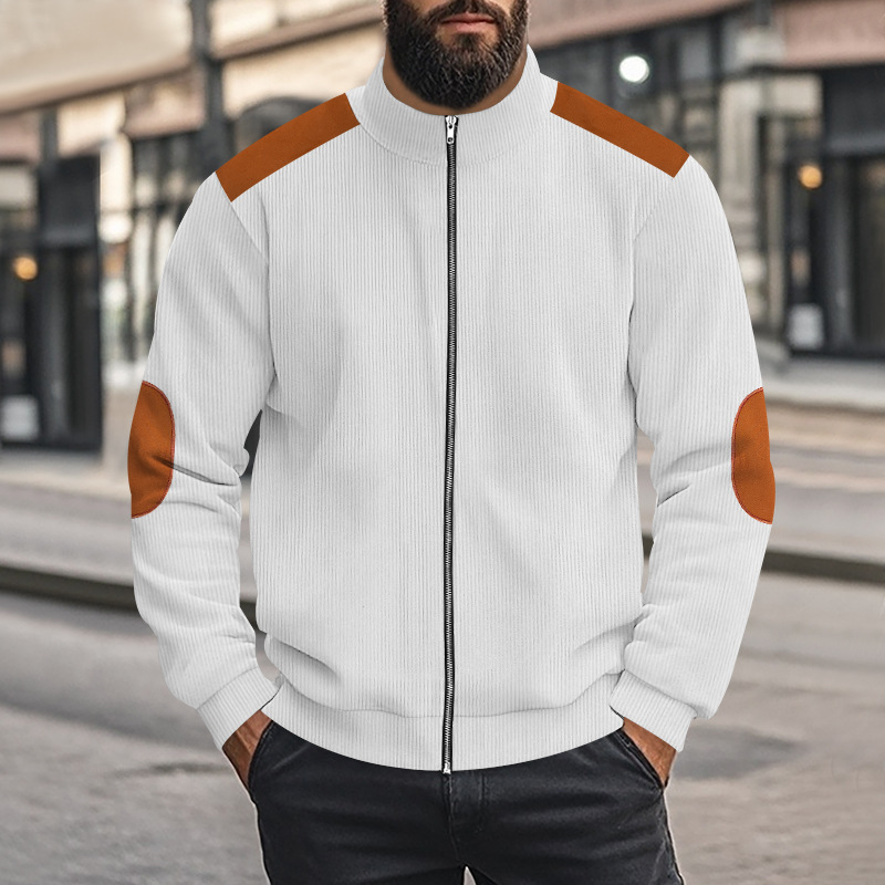 Mens Fashion Corduroy Jackets Stand Collar Zip up Long