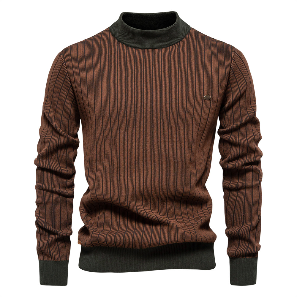 Men's Slim Fit Striped Sweater - Half Turtleneck Pullover for Winter