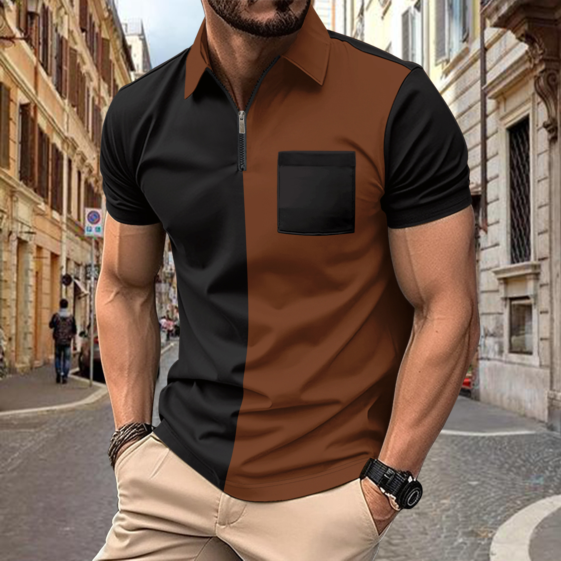 Men's Casual Half-Zip Lapel Short Sleeve Polo Shirt