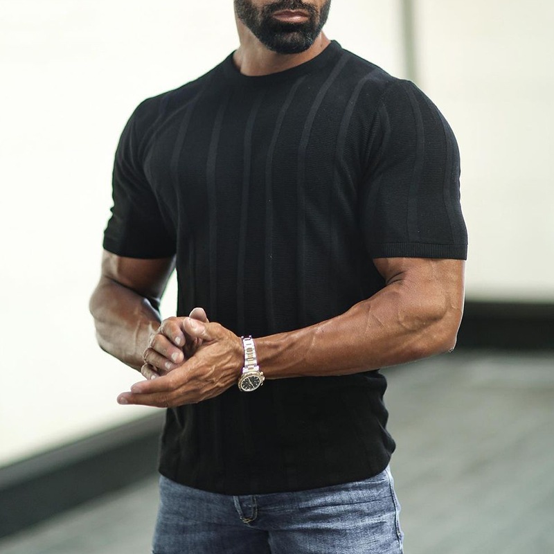 Men's Solid Color Stripes Round Neck Knit T-shirt