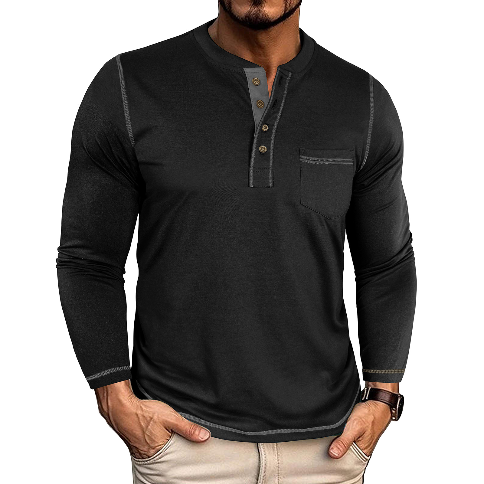 Men's Vintage Colorblock Henley Pocket T-Shirt