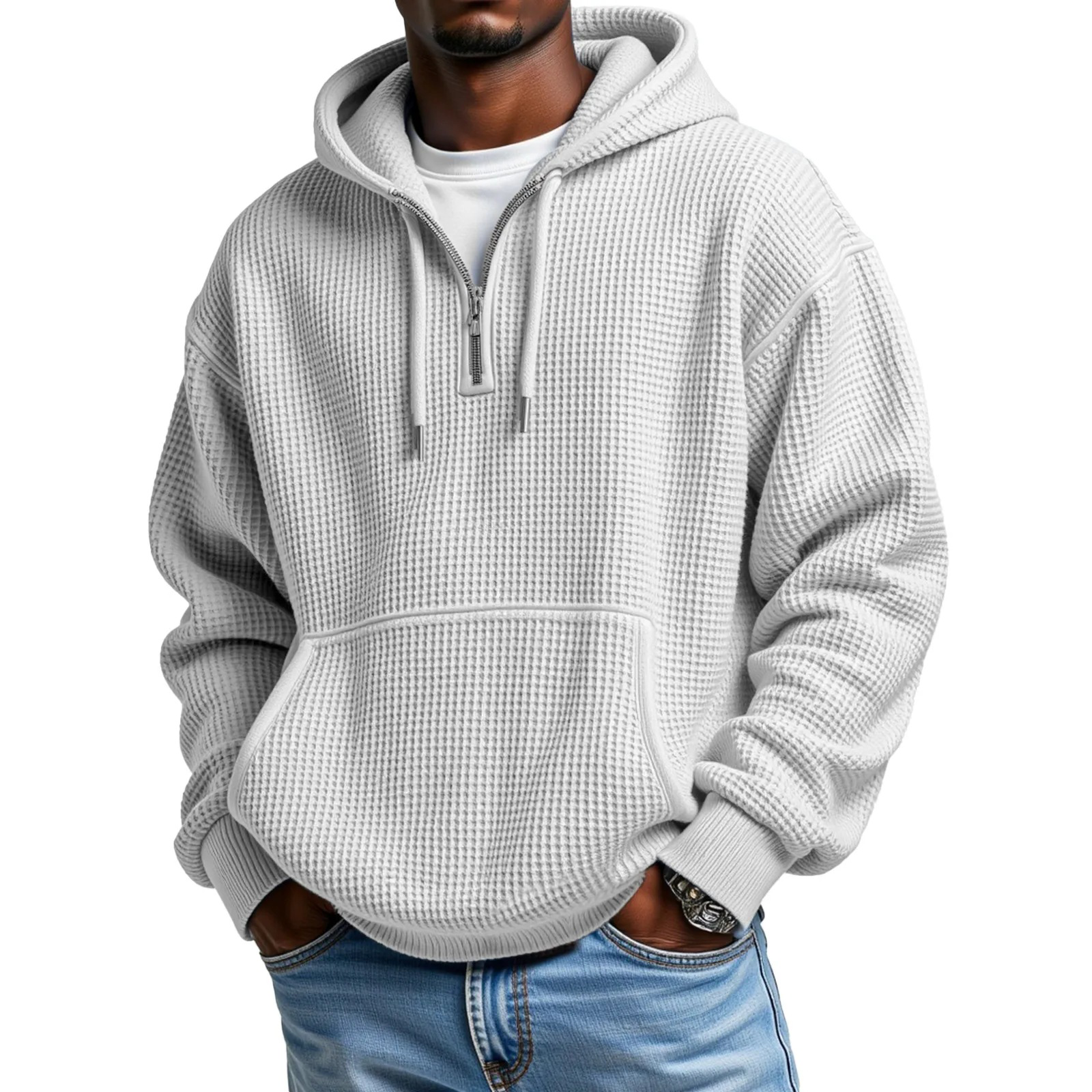Men's Waffle Knit Long Sleeve Pullover Hoodie