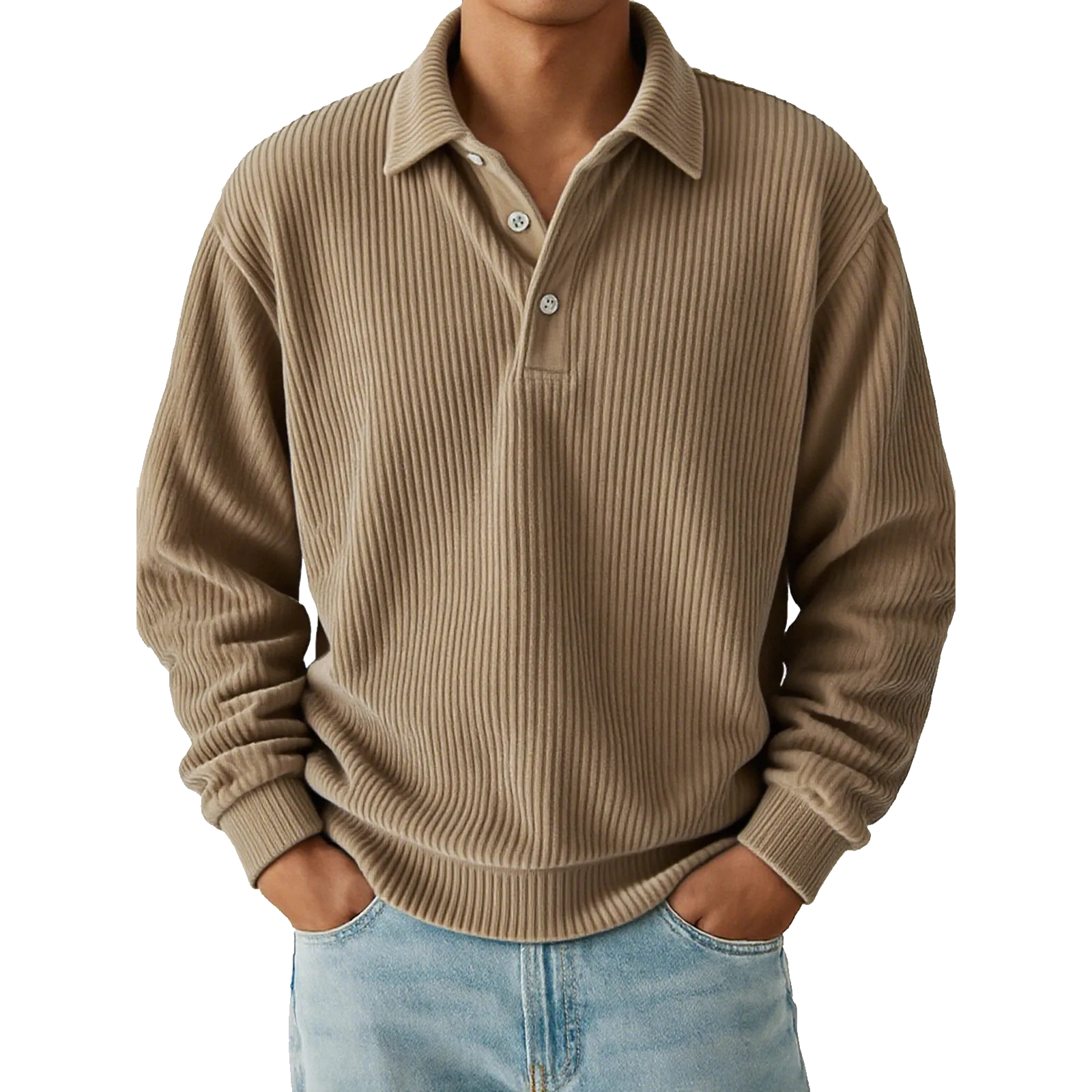 Men's Corduroy Textured Long Sleeve Polo Shirt