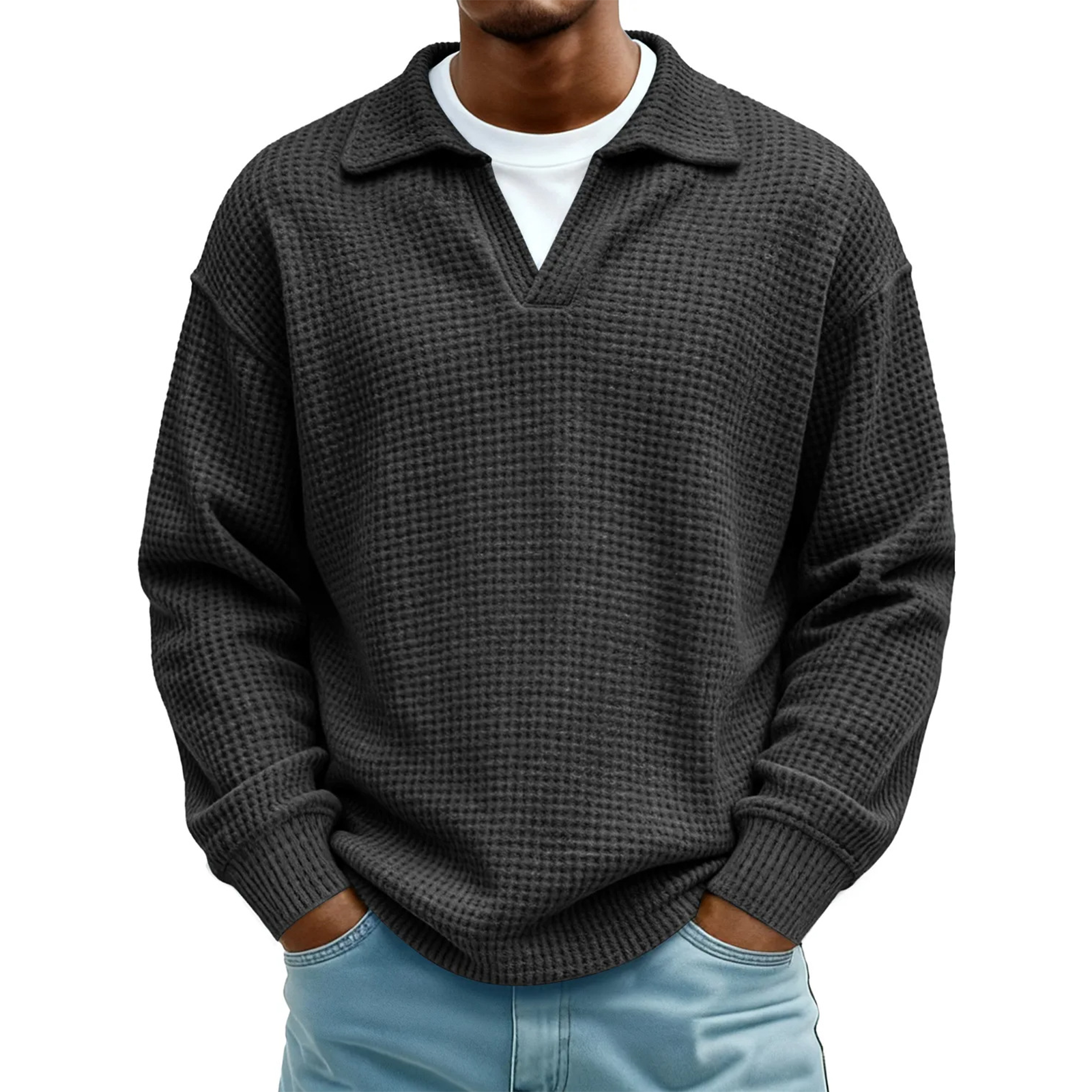Men's Waffle Knit Long Sleeve Polo Sweater
