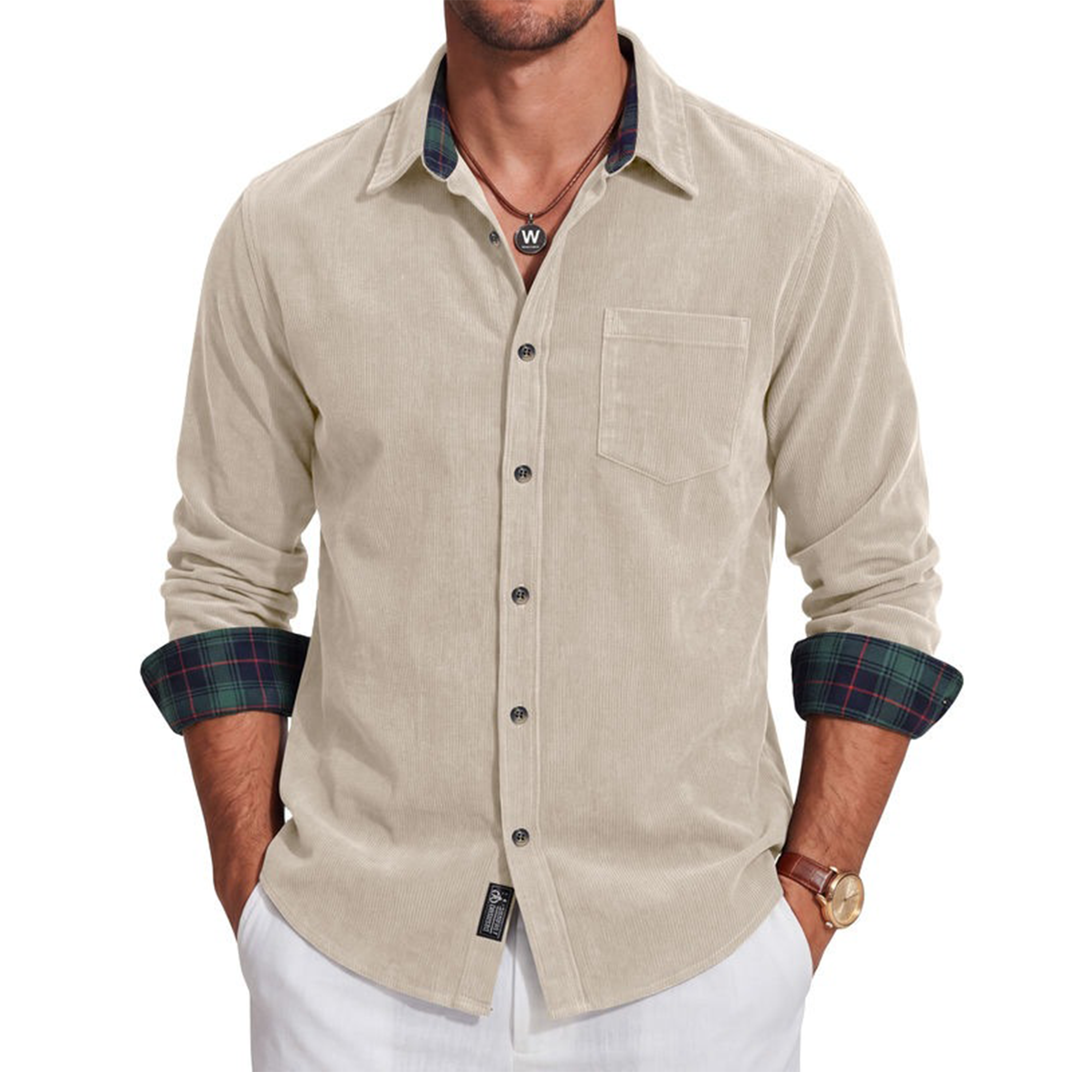 Men's Corduroy Button-Up Shirt with Plaid Trim