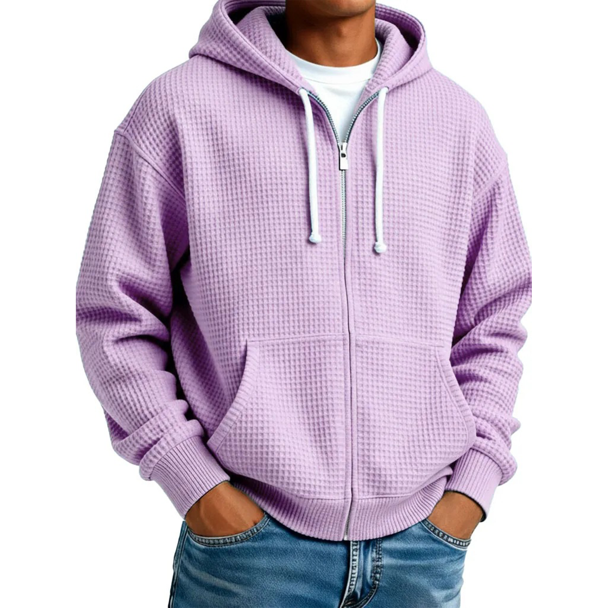 Men's Waffle Knit Full-Zip Long Sleeve Hoodie