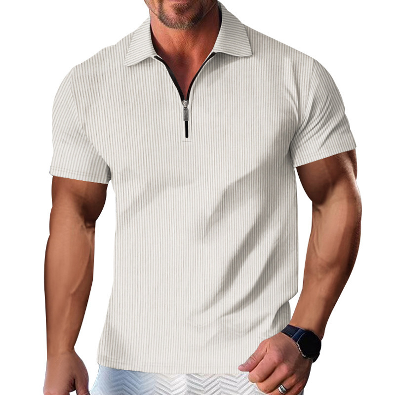 Men's Casual Striped Zip Short Sleeve Polo Shirt