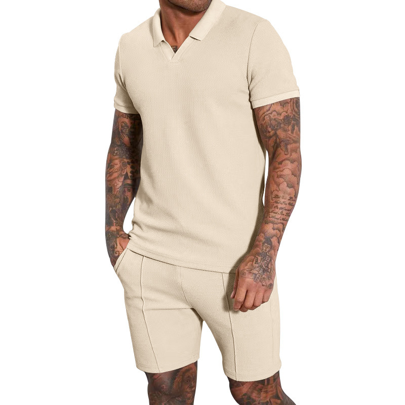 Men's Waffle Knit V-neck Short Sleeve Two Piece Set