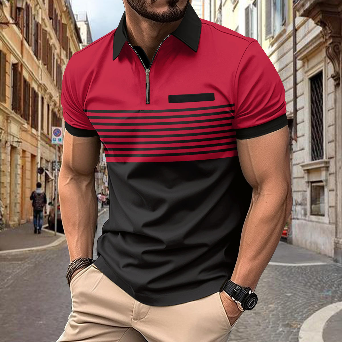 Men's Striped Zipper Short Sleeve Polo Shirt