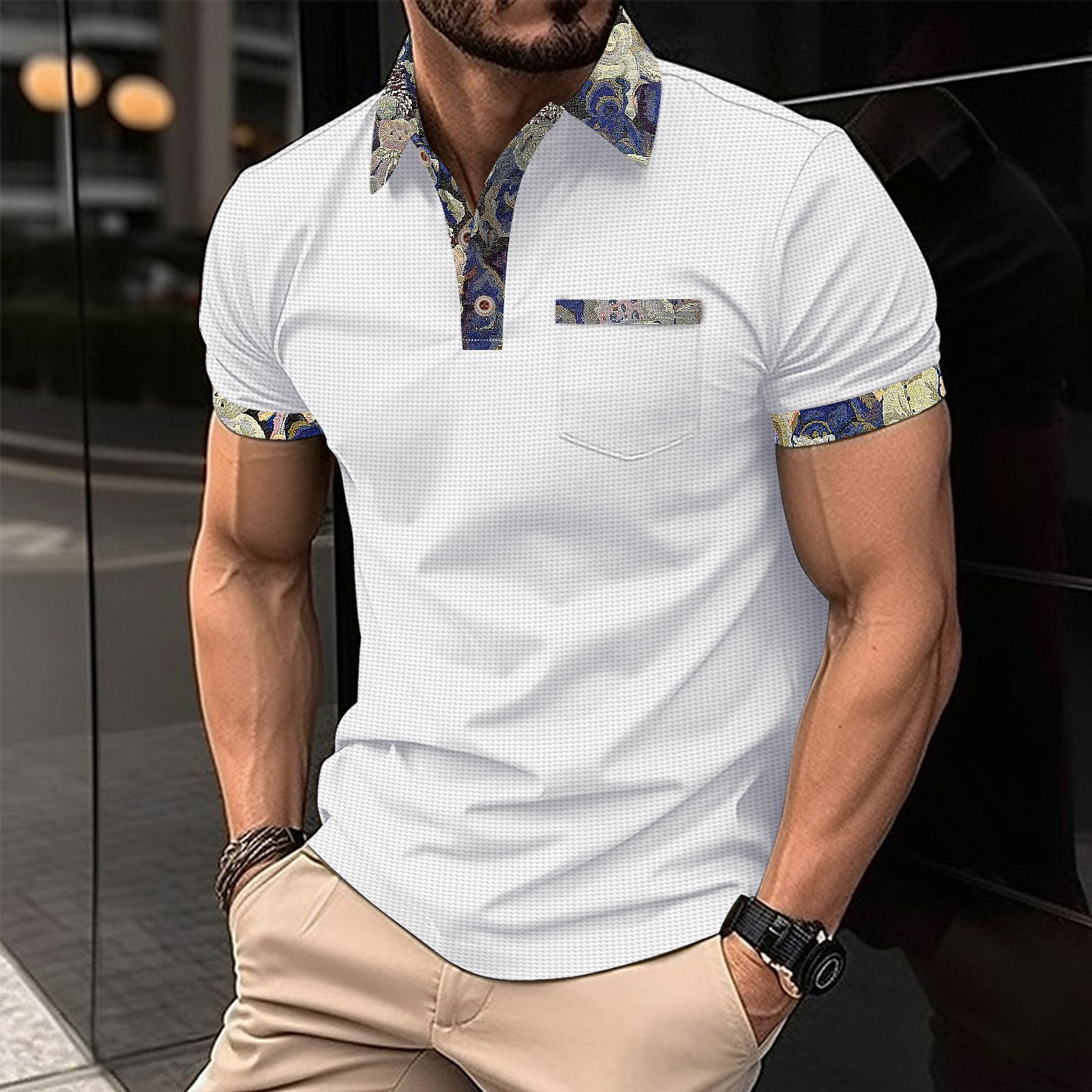 Men's Color Block Waffle Knit Pocket Short Sleeve Casual T-Shirt