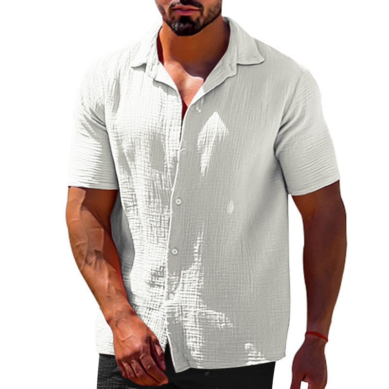 Men's Short Sleeve Button-Up Linen Shirt with Turn-Down Collar