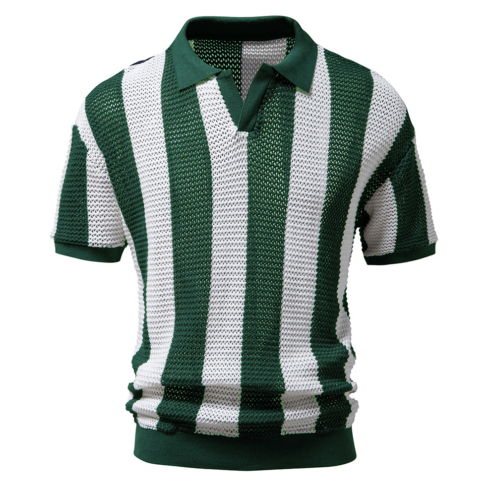 Men's Trendy Striped Mesh Polo Shirt - Summer Short Sleeve Hollow Out Design