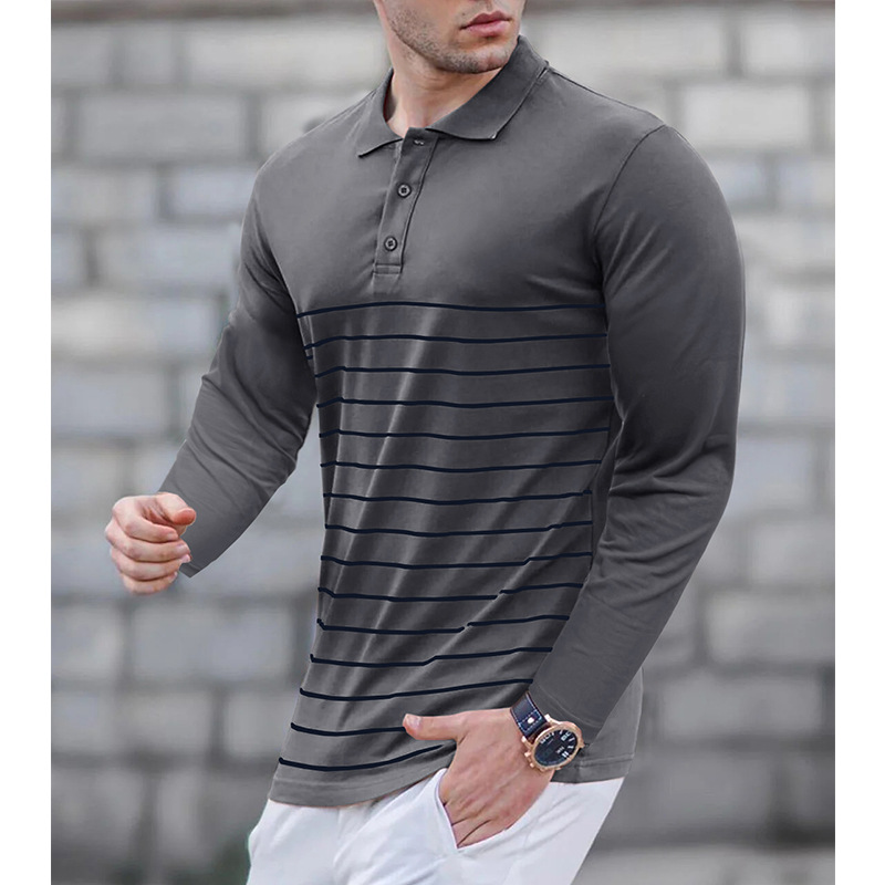 Autumn Winter Long-Sleeve Polo Shirt for Men, Striped Print Turn-Down Collar