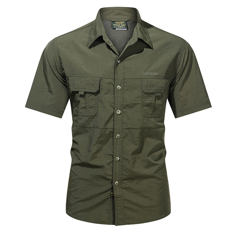 Men's Military Style Cotton Work Shirt – Slim Fit Short Sleeve