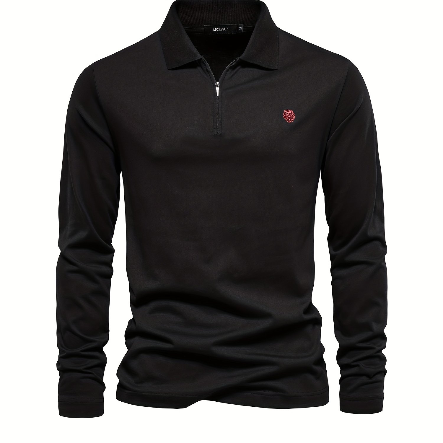 Men's Embroidery Print Long Sleeve Zipper Lapel Polo Shirt