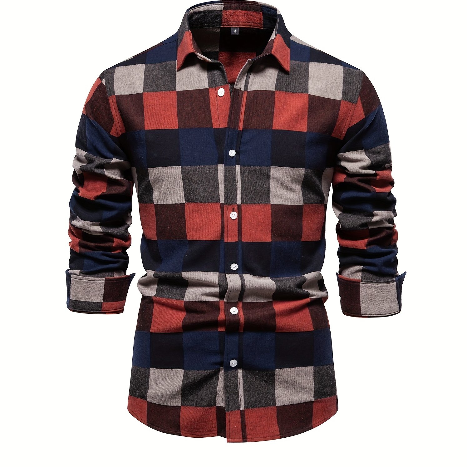 Men's Color Block Plaid Pattern Trendy Street Long Sleeve Button Up Shirt
