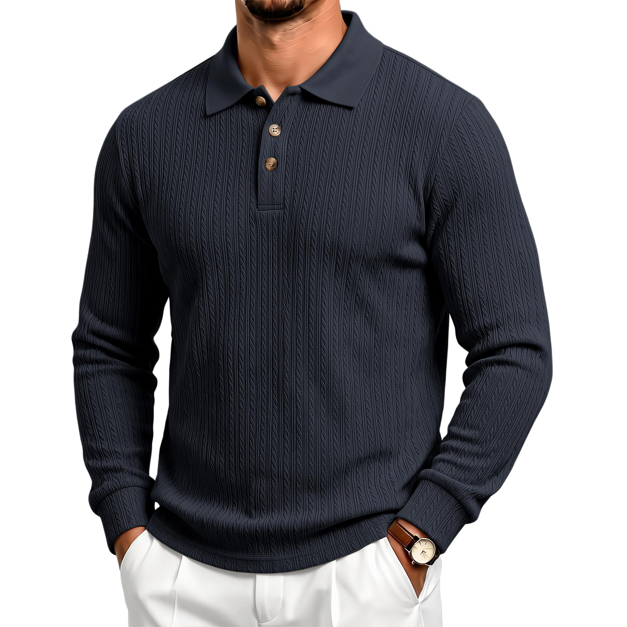 Men's Textured Jacquard Long Sleeve Polo Shirt