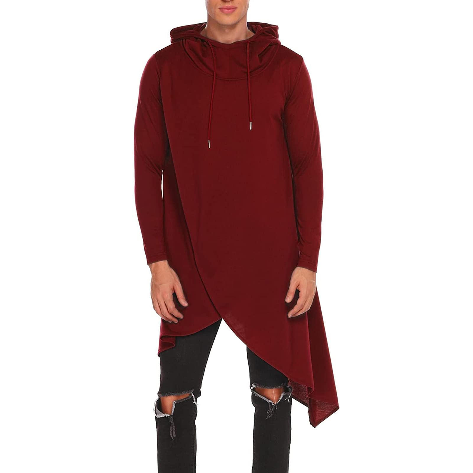 Men Plus Solid Drawstring Hooded Asymmetrical Hem Longline Sweatshirt