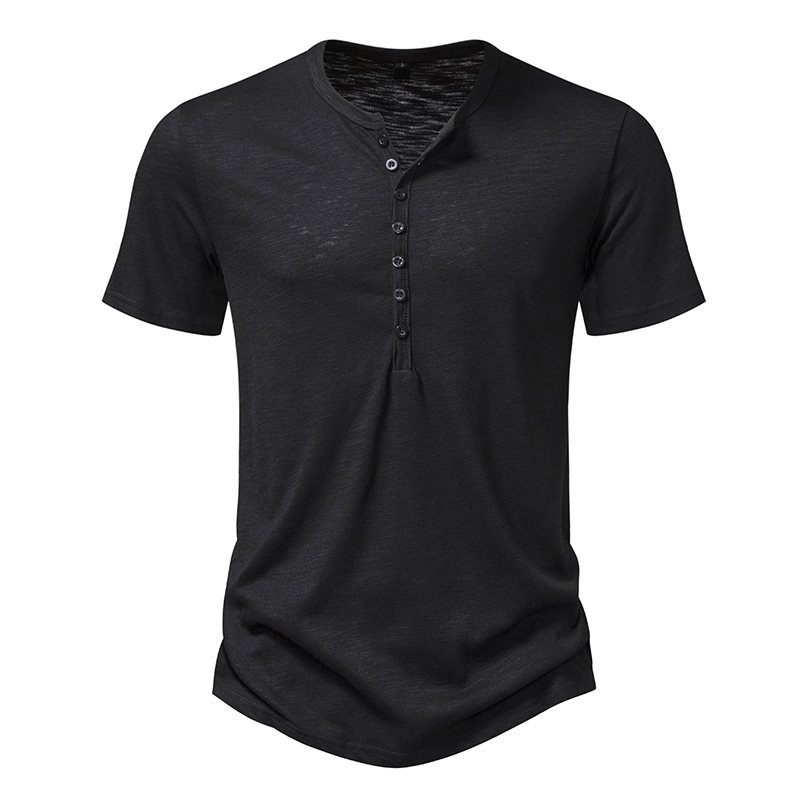 Men's Henley Neck Casual Fashion Solid Color Slub Cotton Short Sleeve T-Shirt