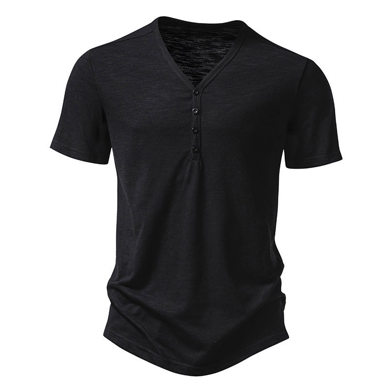 Men's V-Neck Button-Up- Classic Cotton Blend Short Sleeve Tee T-Shirt