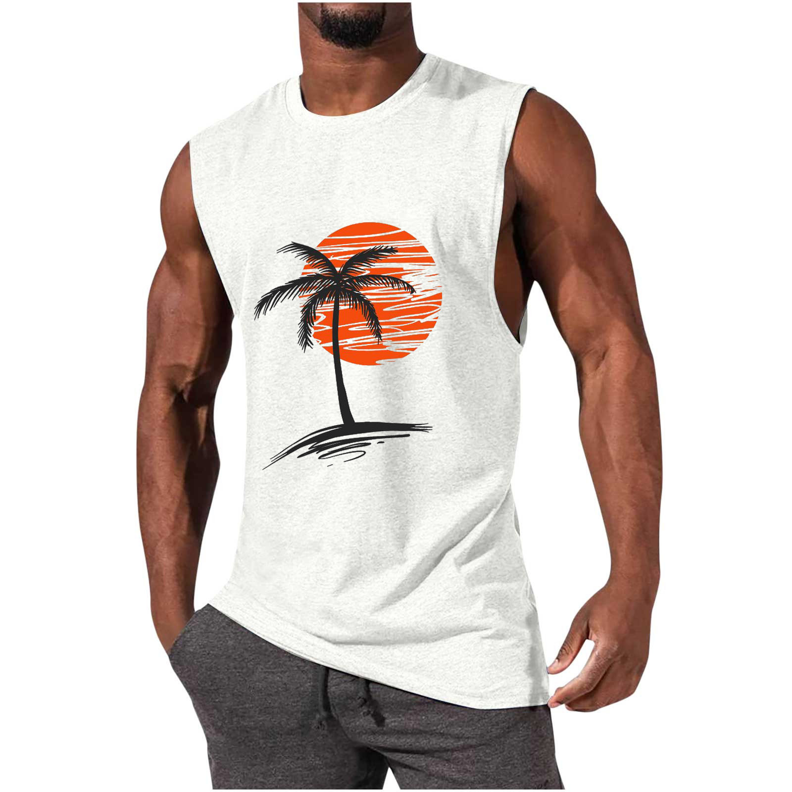 Men's Sleeveless Muscle Tank Top with Coconut Tree Print - Athletic and Casual Style