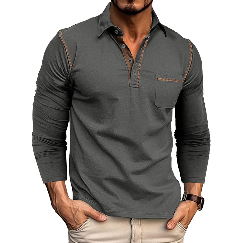 Men's Casual Long Sleeve Polo – American Style Color Block T-Shirt