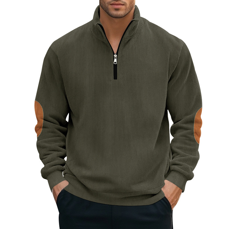 Men's Fall Half-Zip Long Sleeve Pullover Sweatshirt - Heavyweight Corduroy with Stand Collar
