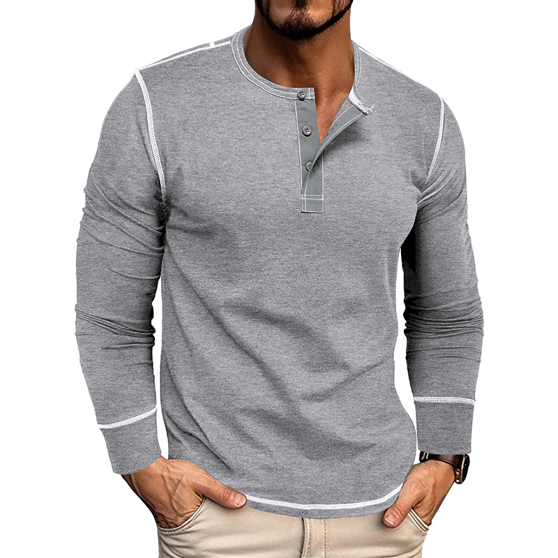 Men's Long Sleeve Henley Shirt - Color Block Crew Neck Tee