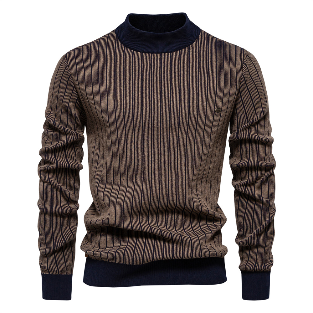 Men's Slim Fit Striped Sweater - Half Turtleneck Pullover for Winter