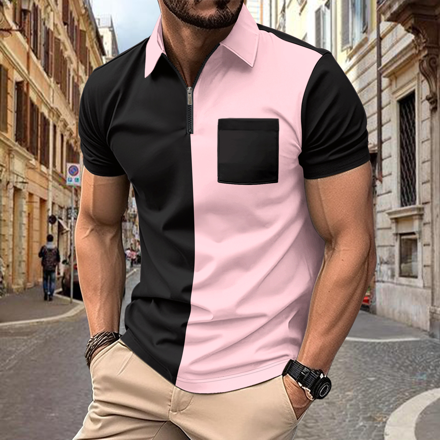 Men's Casual Half-Zip Lapel Short Sleeve Polo Shirt