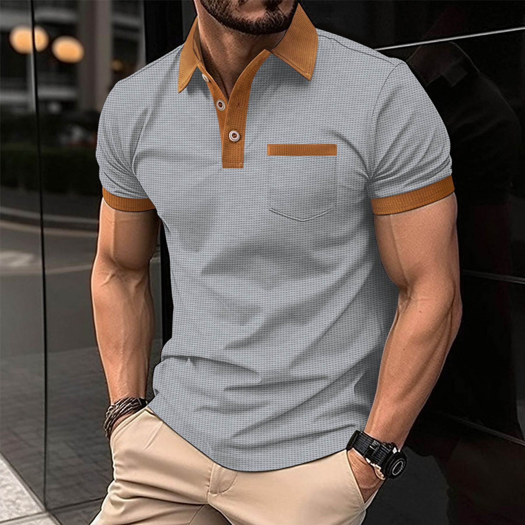Men's Casual Color Block Buttoned Short Sleeve Polo Shirt