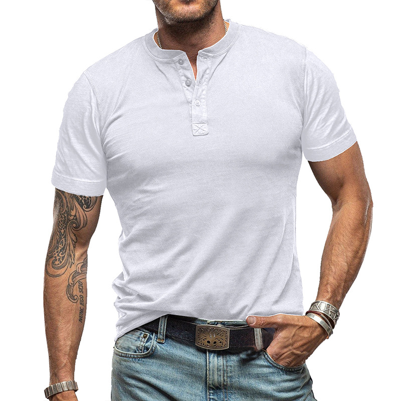 Men's Solid Color Crew Neck Short Sleeve Henley T-Shirt