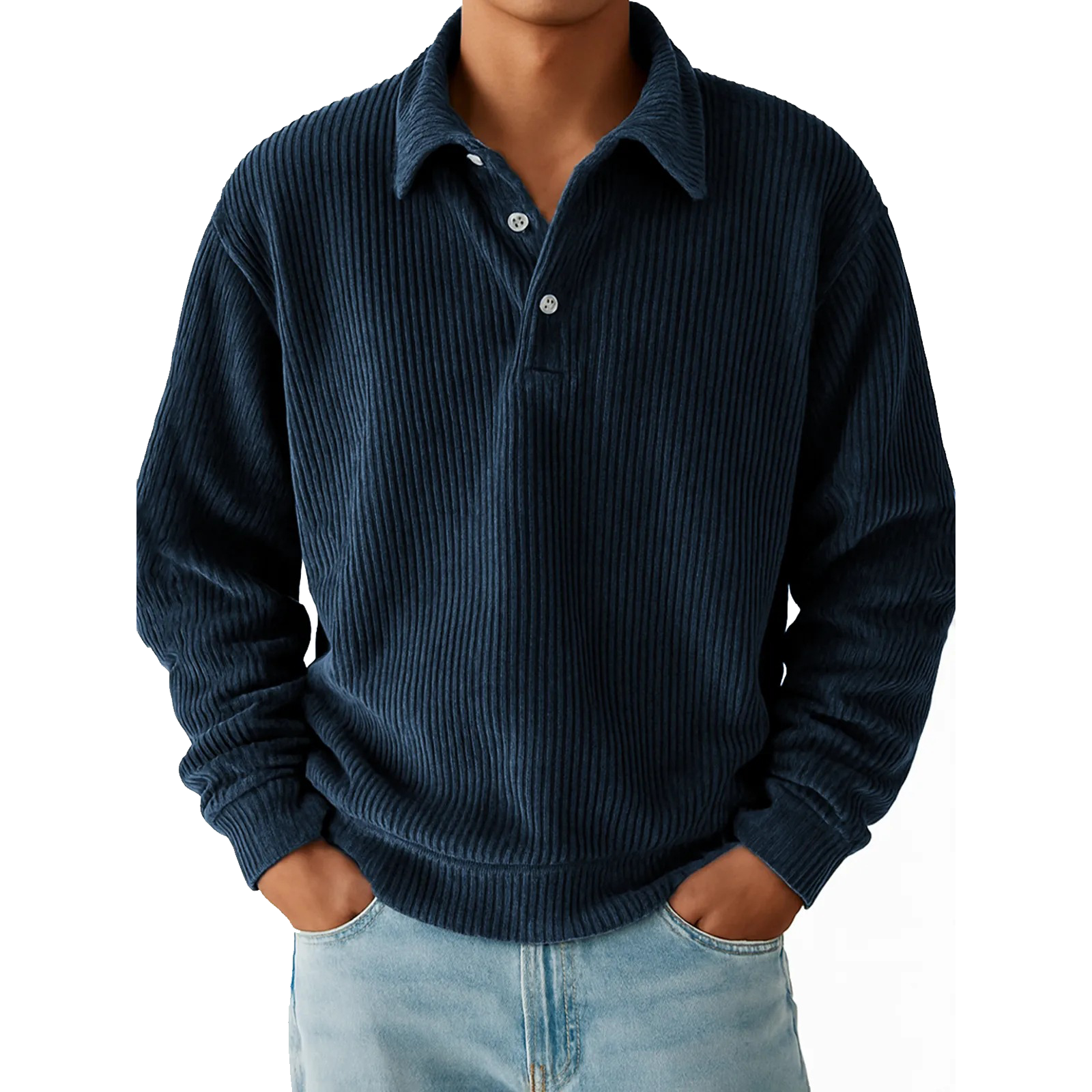 Men's Corduroy Textured Long Sleeve Polo Shirt